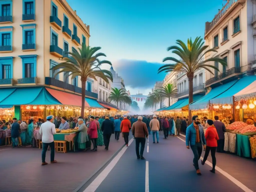 Carnaval en Montevideo: Acuarela detallada de una calle bulliciosa Animada escena del Carnaval en Montevideo con bebidas tradicionales Uruguayas en cafés al aire libre