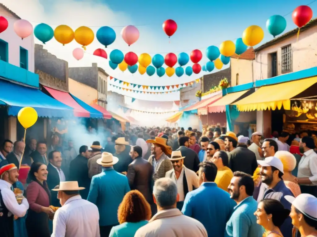 Animada escena de Carnaval en Uruguay con gastronomía del Carnaval Uruguayo y coloridas festividades callejeras