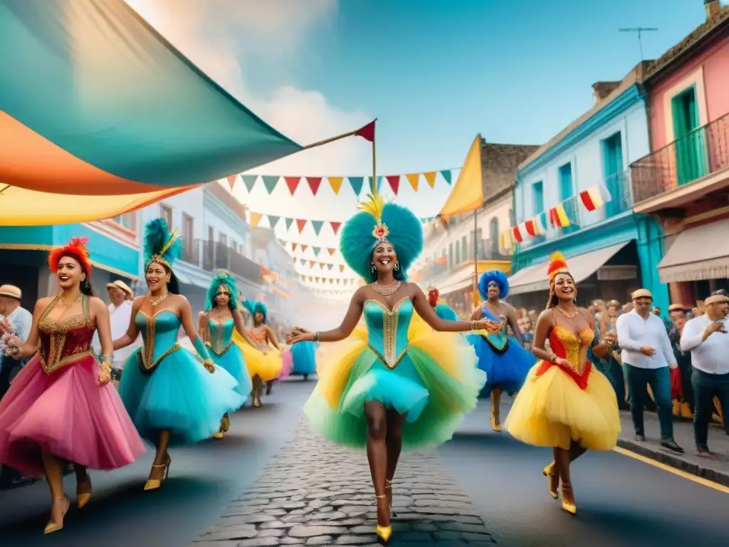 Carnaval en Uruguay: Colorida escena callejera Una animada escena de carnaval en Uruguay con coloridos trajes y música alegre