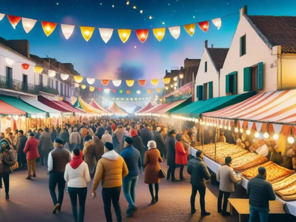 Pintura acuarela detallada: Carnaval argentino con pizzas a la parrilla Una animada escena de carnaval en Argentina con pizzas a la parrilla y ambiente festivo bajo las estrellas