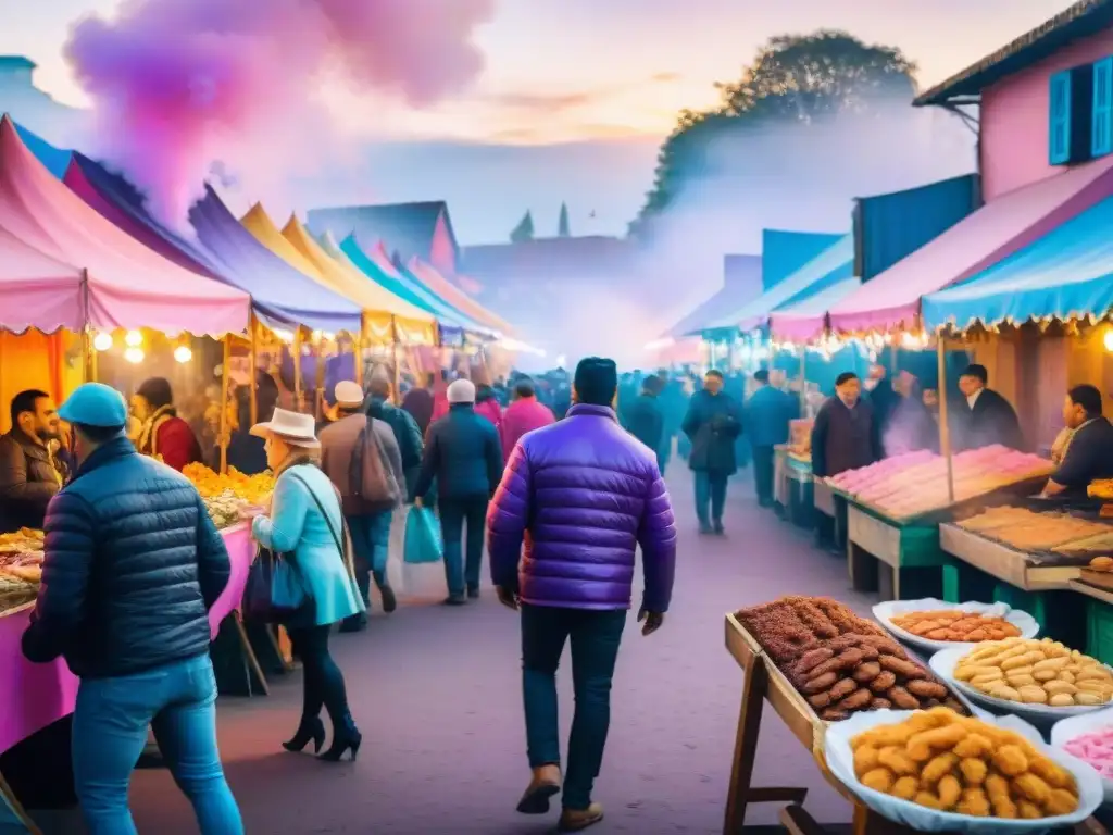 Colorida feria gastronómica en el Carnaval de Uruguay Una animada pintura acuarela de una calle de carnaval uruguayo con puestos de comida tradicional vendiendo asado, chivito y churros