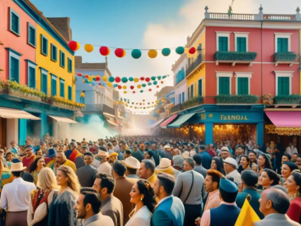 Pintura acuarela del Carnaval Uruguayo: alegría y color en las calles Animada pintura acuarela del Carnaval Uruguayo estrategia económica: desfile colorido, danzas, edificios coloniales y alegría comunitaria