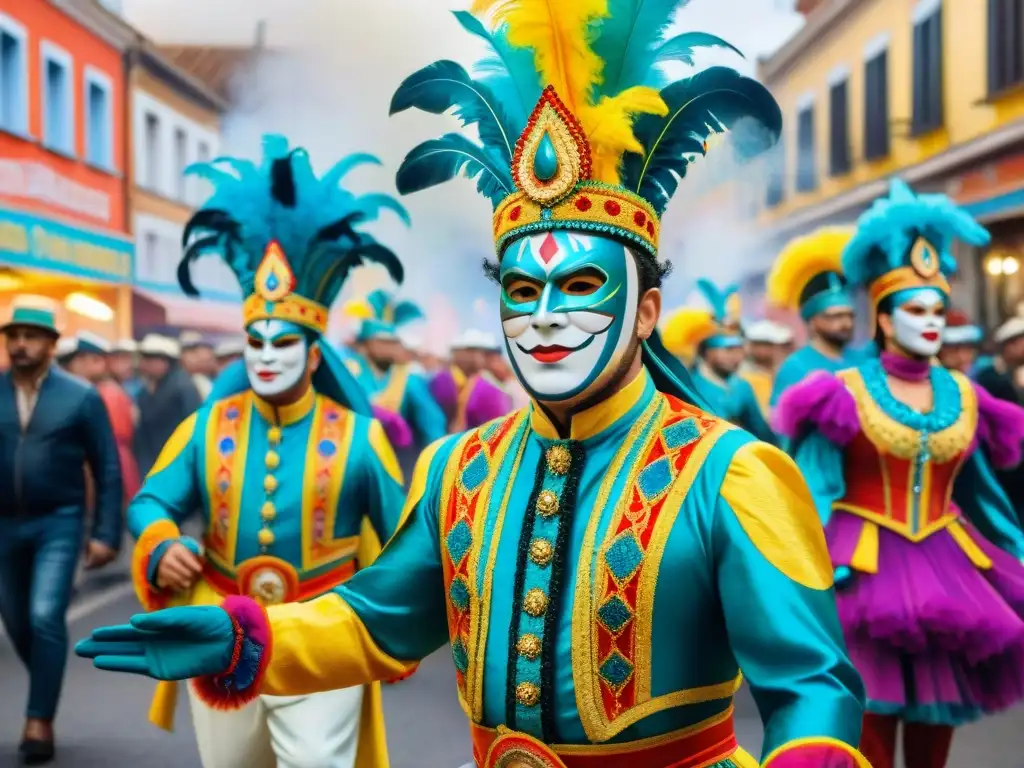 Pintura acuarela del Carnaval Uruguayo: danza, color y alegría Una animada pintura acuarela del Carnaval Uruguayo, con desfiles y música tradicional