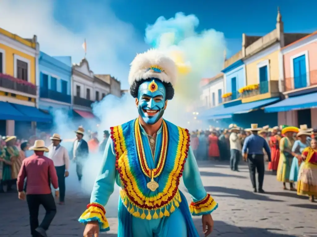 Plaza animada en Carnaval: Uruguay vibrante Una animada pintura acuarela de Carnaval en el interior de Uruguay, con gente colorida bailando y celebrando en la plaza del pueblo