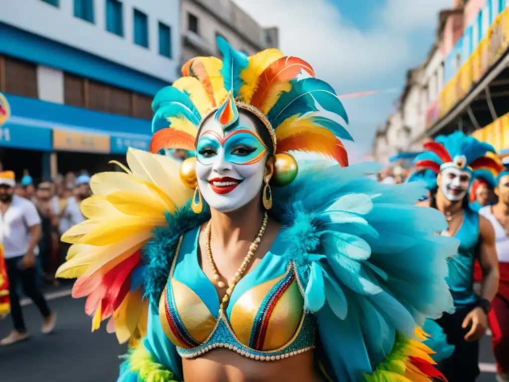 Comparsa LGBT+ en Carnaval de Uruguay: Alegría y Diversidad Una animada pintura acuarela de Comparsas LGBT+ en Carnaval Uruguayo, con colores vibrantes y alegría festiva