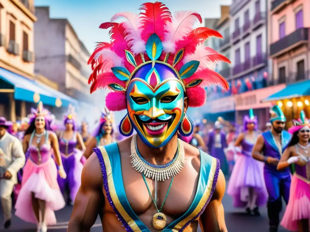 Carnaval de Montevideo: Colorida fiesta callejera Una animada pintura en acuarela de figuras coloridas celebrando el Carnaval en Montevideo, Uruguay