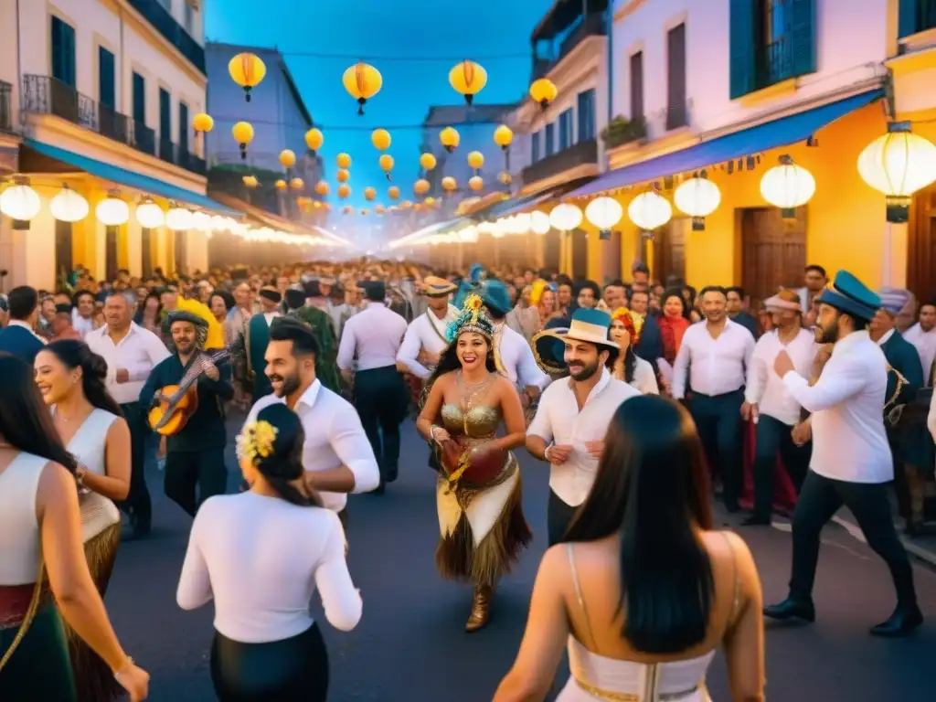 Pintura acuarela del Carnaval uruguayo: danzas, música y color Una animada pintura acuarela de la preparación de un show carnavalero en Uruguay, con bailarines y músicos festivos