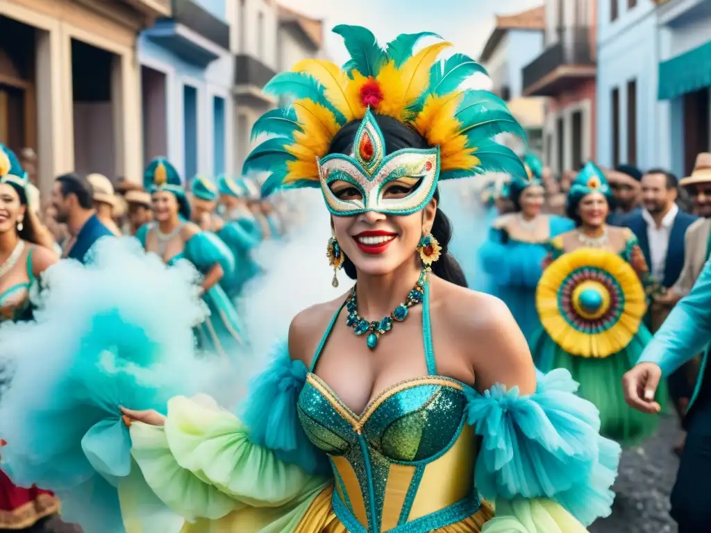 Carnaval en Uruguay: Colorida celebración en la calle Una animada ilustración acuarela de un vibrante Carnaval en Uruguay