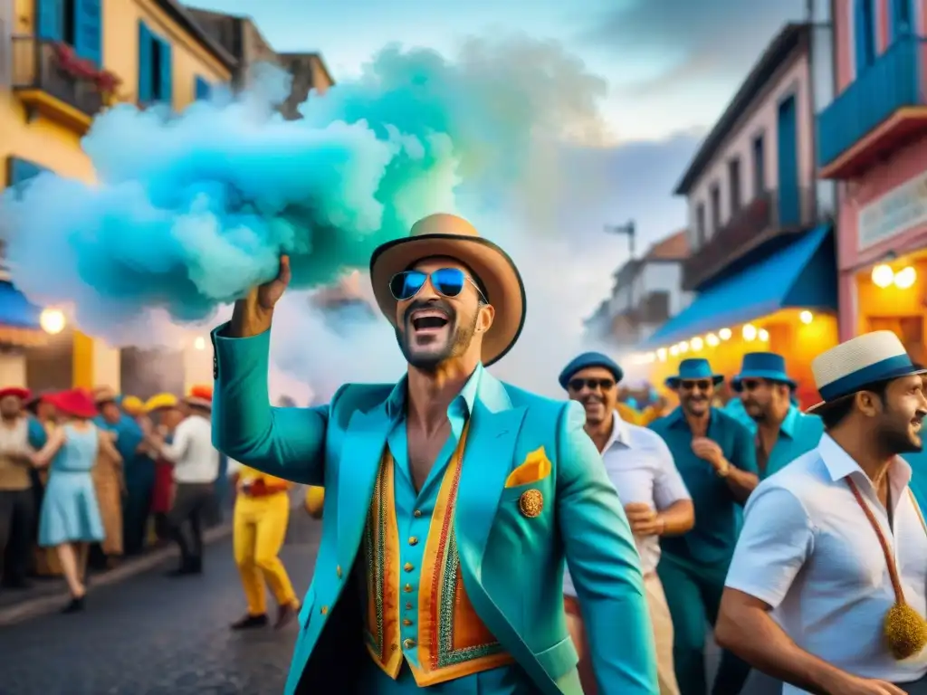 Carnaval en Uruguay: Bebidas tradicionales y alegría festiva Un animado Carnaval en Uruguay con bebidas tradicionales y gente colorida festejando