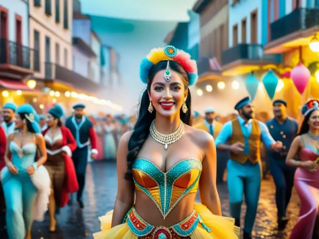 Colorido Carnaval en Uruguay: Desfile festivo y alegre Animado Carnaval en Uruguay: coloridos desfiles, bailarines, música y espectadores felices