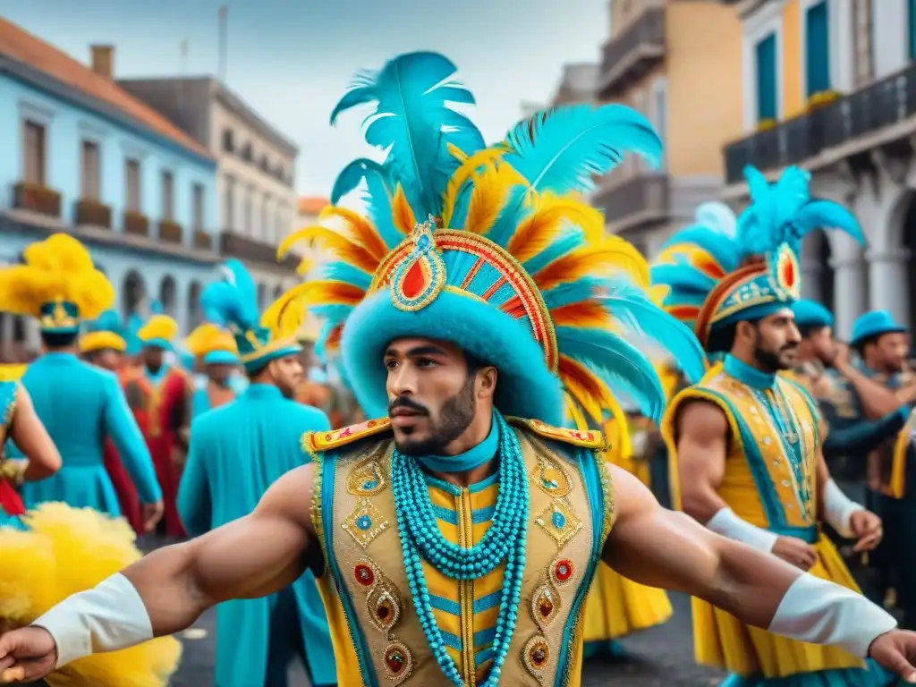 Desfile de Carnaval en Uruguay: color y alegría Animado Carnaval Uruguayo con coloridos trajes, murgas y danzas, celebración comunitaria