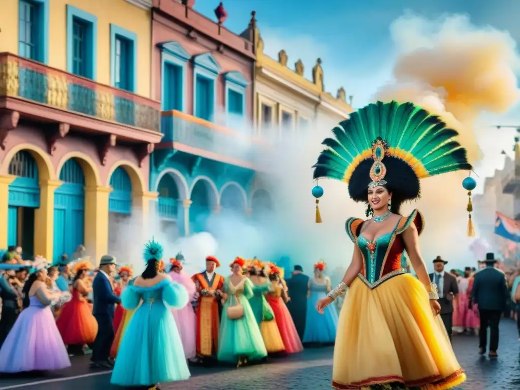 Carnaval Uruguayo: Celebración colorida y vibrante Animado Carnaval Uruguayo con disfraces coloridos y arquitectura tradicional, capturando la alegría del evento
