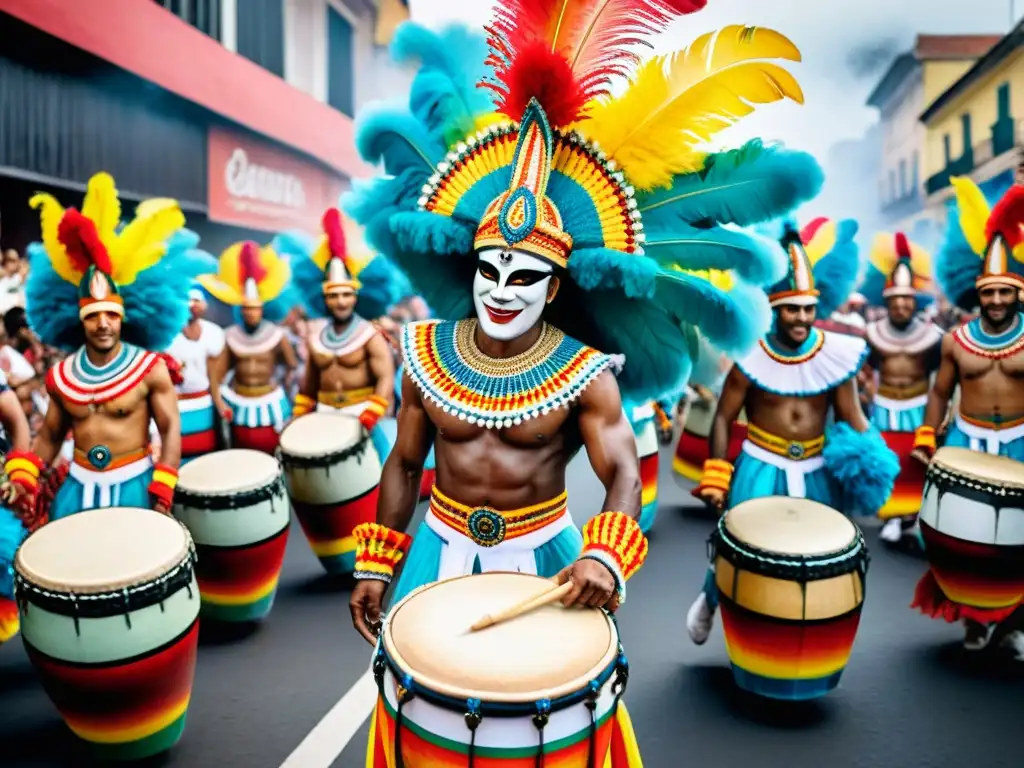 Colorido Carnaval en Uruguay: danzas, tambores y alegría Un animado cuadro de acuarela que retrata un bullicioso desfile de Carnaval en Uruguay, con bailarines coloridos en trajes intrincados moviéndose al ritmo de tambores de candombe
