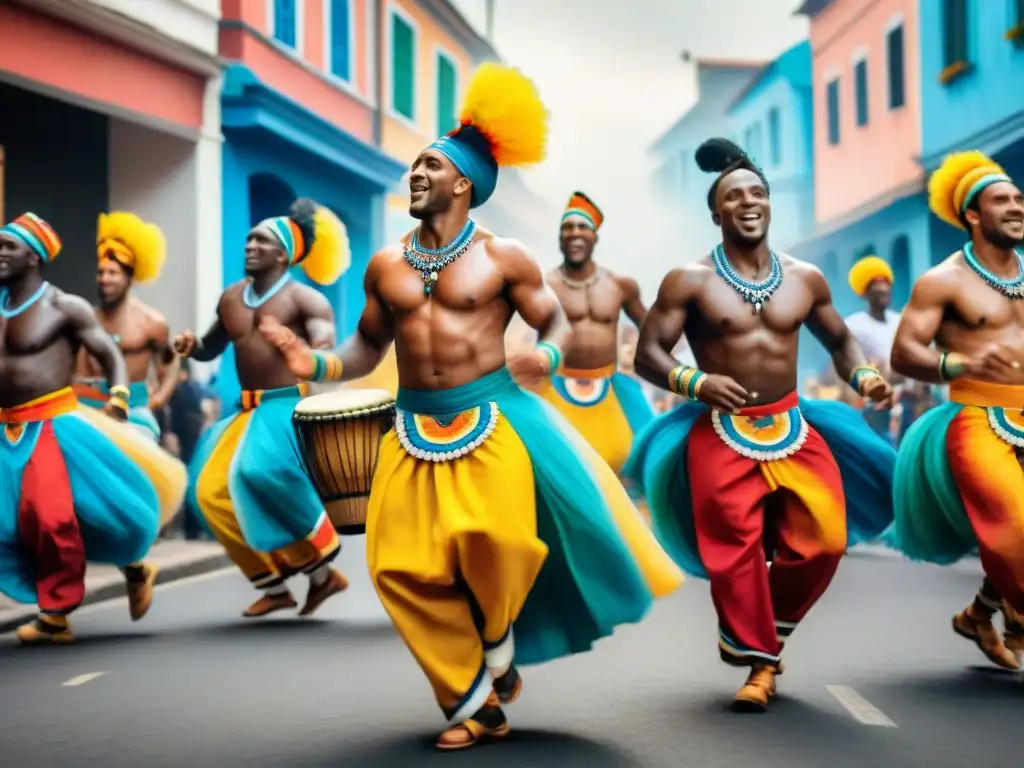 Danza africana en candombe: coloridas vestimentas y ritmos vibrantes Un animado desfile de candombe con bailarines en trajes tradicionales africanos, capturando las influencias africanas en vestuario candombe