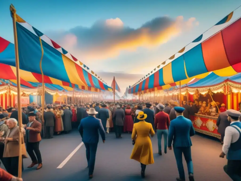 Carnaval en Uruguay: colorida fiesta callejera llena de vida Un animado desfile de carnaval en Uruguay en 2021, con coloridos paquetes de Carnaval y espectadores emocionados bajo un cielo de atardecer