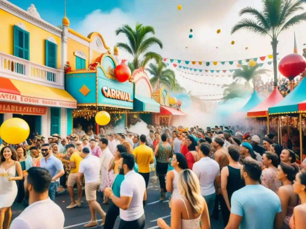 Un animado desfile de Carnaval con carros alegóricos, bailarines, espectadores y confeti, ideal para Retiros de bienestar durante Carnaval