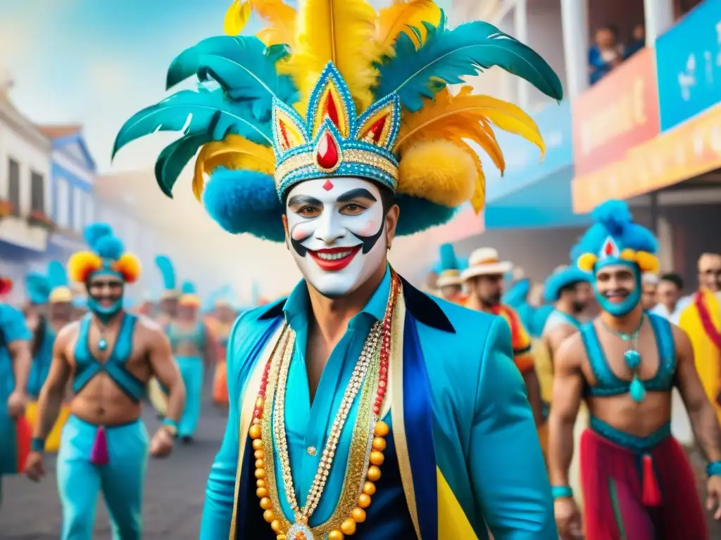 Influencers coloridos en Carnaval de Uruguay Un animado grupo de influencers promocionando el Carnaval Uruguayo, vistiendo coloridos trajes tradicionales y disfrutando de la festividad