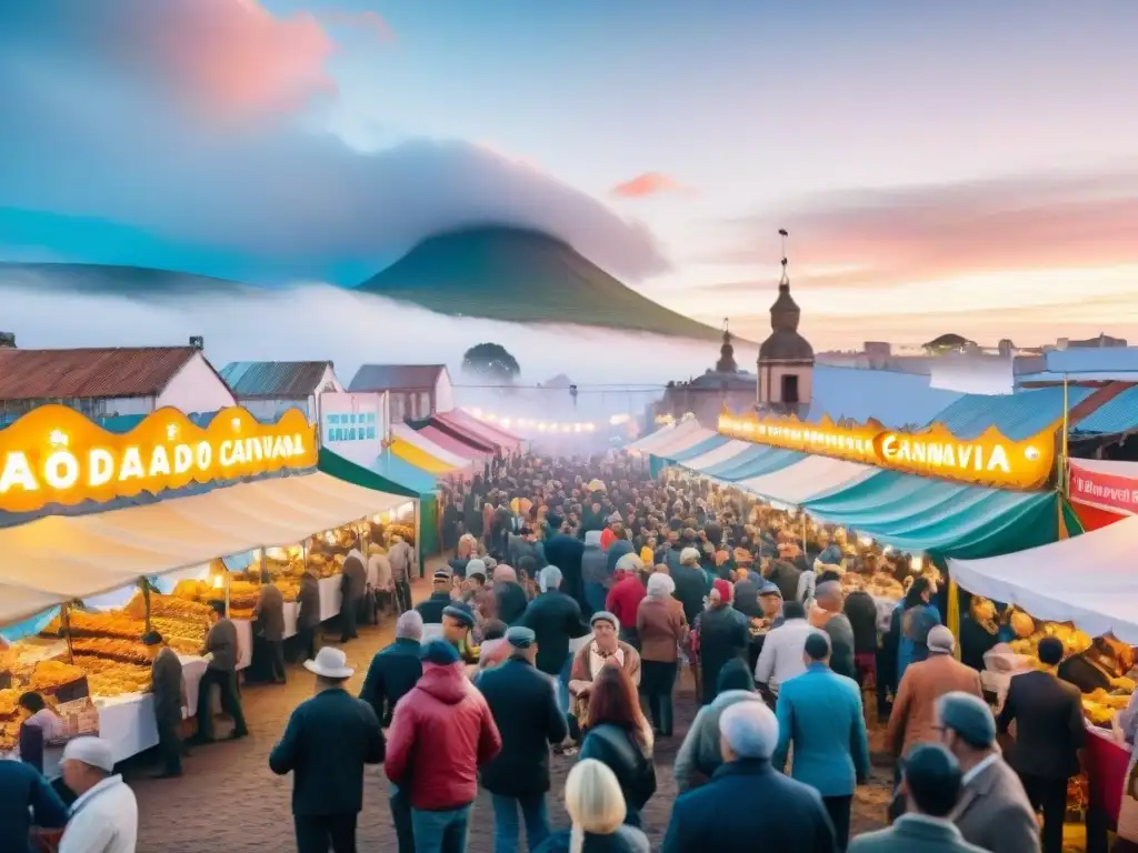 Animado mercado de comida en el Carnaval Uruguayo, con Gastronomía del Carnaval Uruguayo
