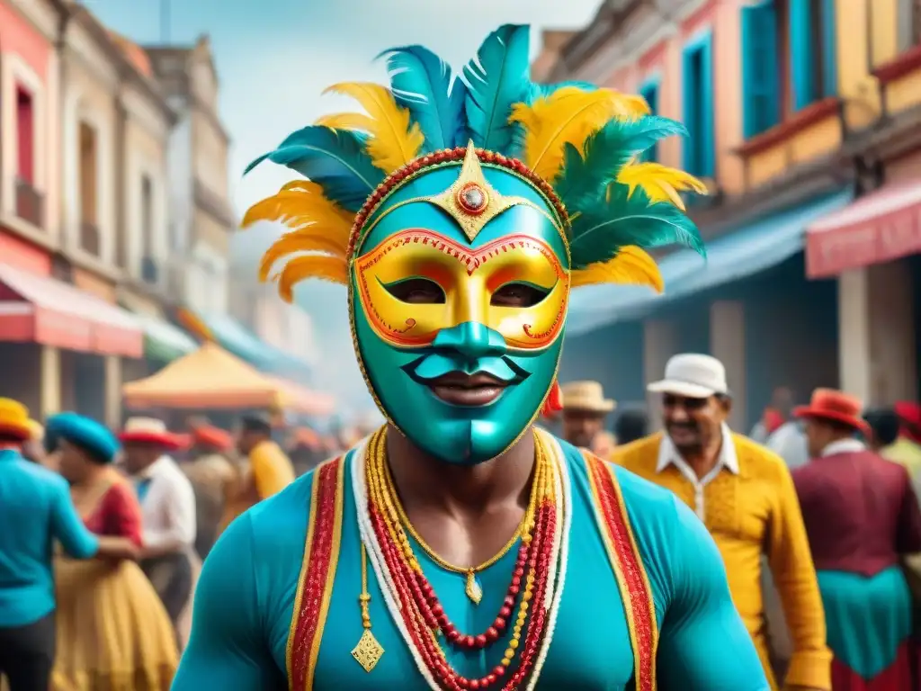 Mercado colorido en Carnaval de Uruguay Animado mercado con disfraces coloridos y compradores entusiastas en el Carnaval Uruguayo