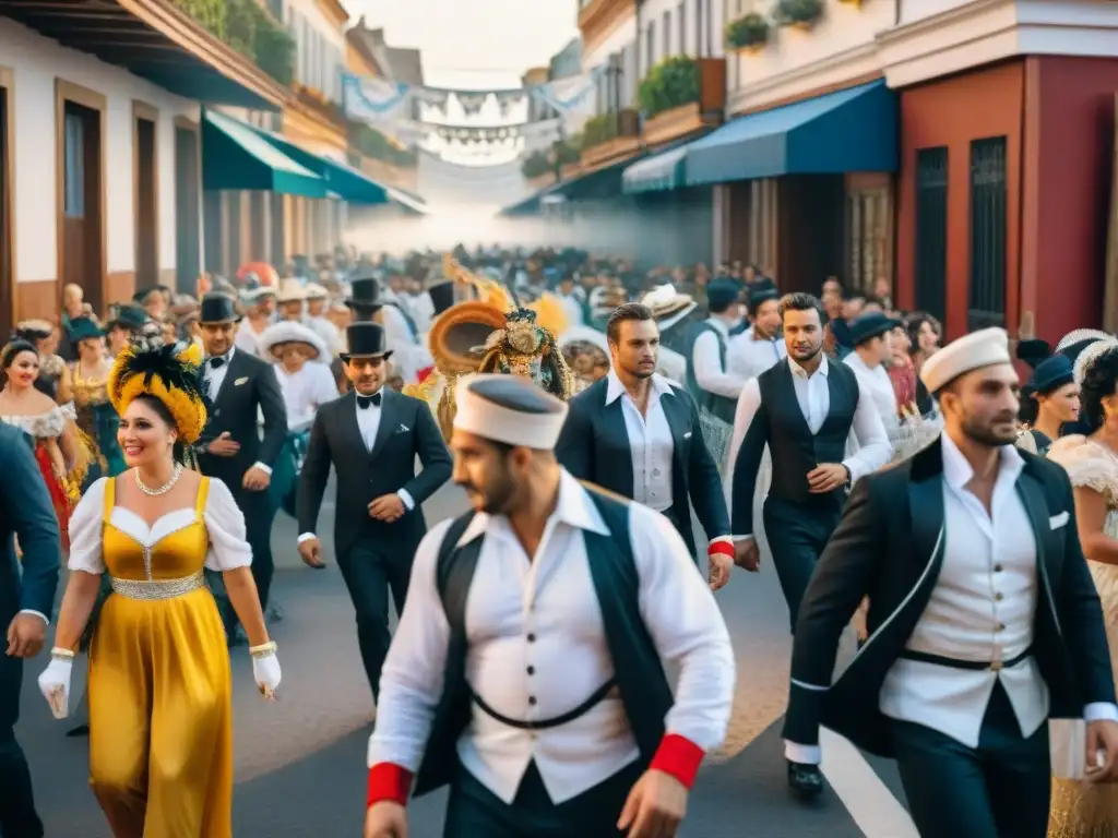 Pintura detallada de Carnaval Uruguayo vintage en acuarela Fotografía antigua del Carnaval Uruguayo: calle bulliciosa con coloridos trajes, música alegre y bailarines en blanco y negro