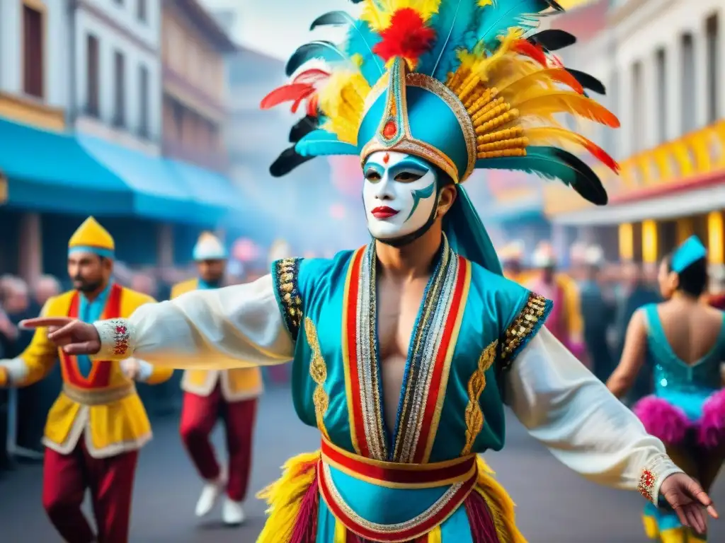 Danzarines vibrantes en Carnaval Uruguayo Apasionante baile en Carnaval Uruguayo con vibrantes trajes y plumas, ¡aplicaciones aprender bailar Carnaval Uruguayo!