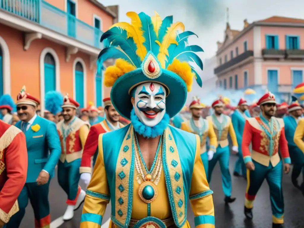 Desfile de Carnaval en Uruguay: alegría y colorido Apoyo financiero al Carnaval Uruguayo: Pintura detallada de un alegre desfile con coloridos carros alegóricos, bailarines y espectadores animados