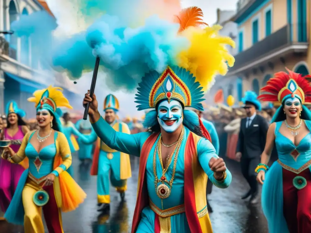 Deslumbrante Carnaval en Uruguay: pintura acuarela Archivo digitalizado del vibrante Carnaval Uruguayo: desfile colorido, danzas energéticas y máscaras icónicas