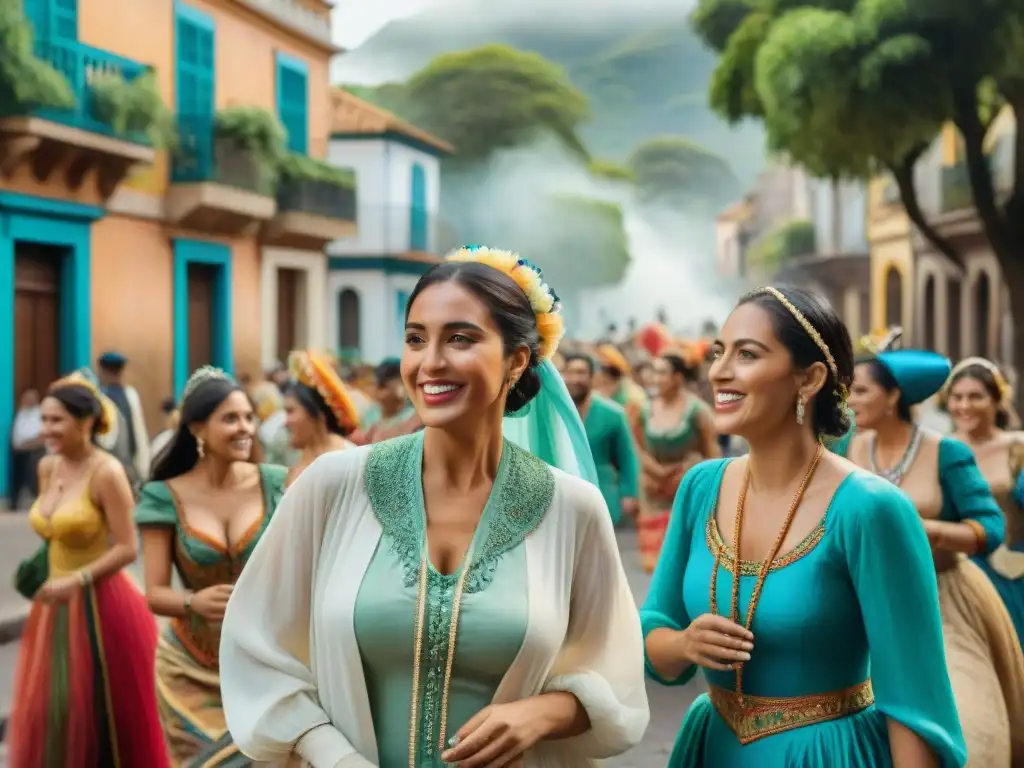 Arte acuarela detallado de reciclaje de vestuario en Carnaval Uruguayo, lleno de color y creatividad