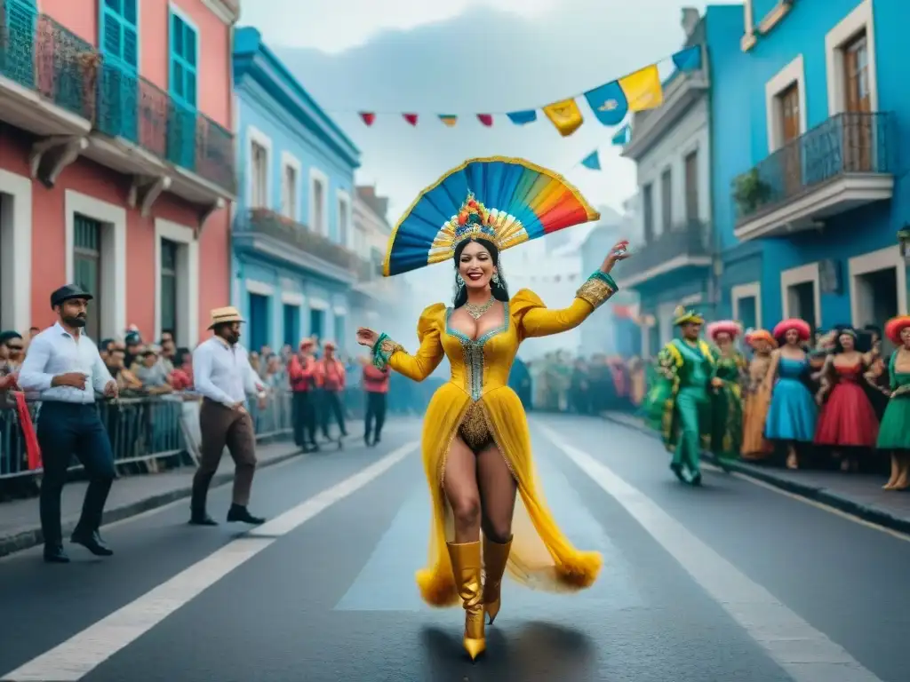 Vibrante carnaval uruguayo: danza, color y energía Arte callejero Carnaval Uruguayo: Pintura acuarela vibrante de una calle bulliciosa durante el Carnaval en Uruguay