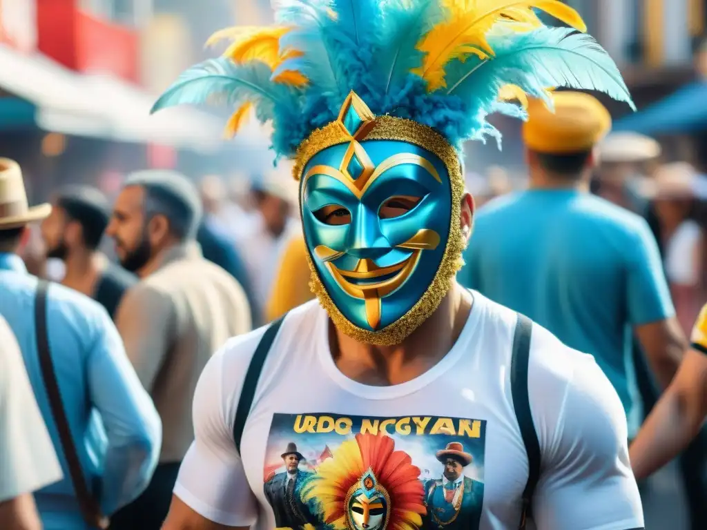 Arte callejero Carnaval Uruguayo: Pintura acuarela vibrante de la celebración con máscaras y trajes coloridos