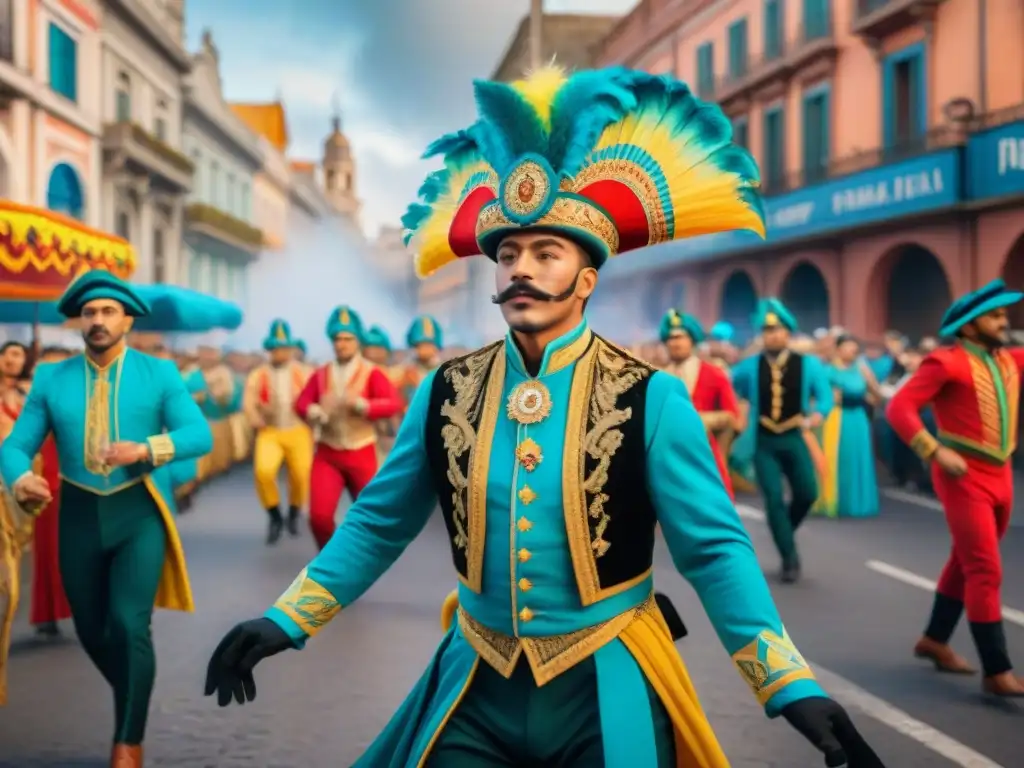 Pintura acuarela detallada del Carnaval Uruguayo Arte callejero Carnaval Uruguayo: Pintura acuarela detallada de escena vibrante con desfile, trajes y edificios coloniales coloridos