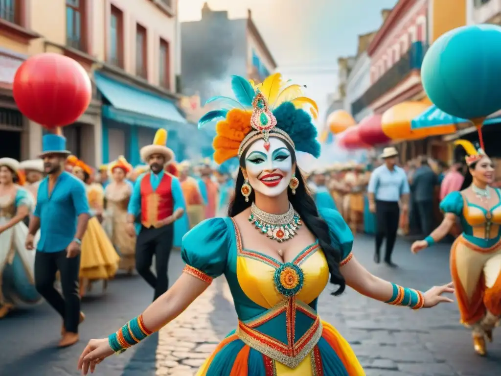 Colorida celebración de Carnaval en Uruguay: desfile, baile y alegría Arte callejero del Carnaval Uruguayo: vibrante pintura acuarela de una bulliciosa calle llena de color y alegría