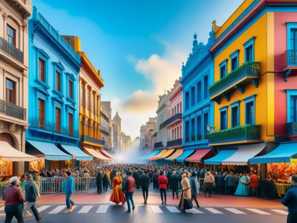 Pintura acuarela del Carnaval Uruguayo en Montevideo Arte callejero del Carnaval Uruguayo: una calle bulliciosa llena de murales detallados y bailarines energéticos