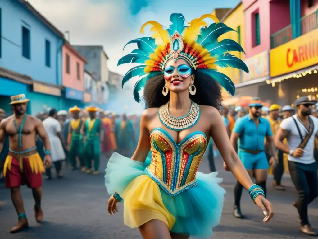 Carnaval uruguayo: explosión de color y creatividad Arte callejero Carnaval Uruguayo: vibrante pintura acuarela de escena callejera con coloridos grafitis y músicos festivos