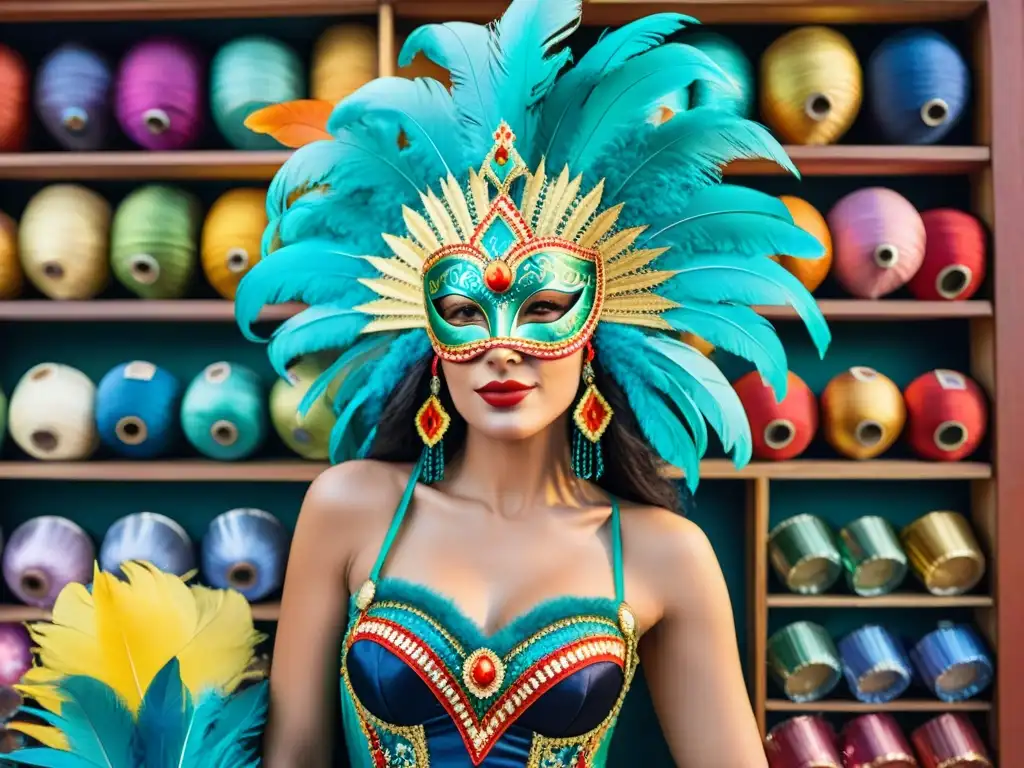 Artesanía vibrante: Creación de trajes de Carnaval en Uruguay Artesanía vibrante de trajes de Carnaval Uruguayo con máscaras, plumas y colores vibrantes en taller bullicioso
