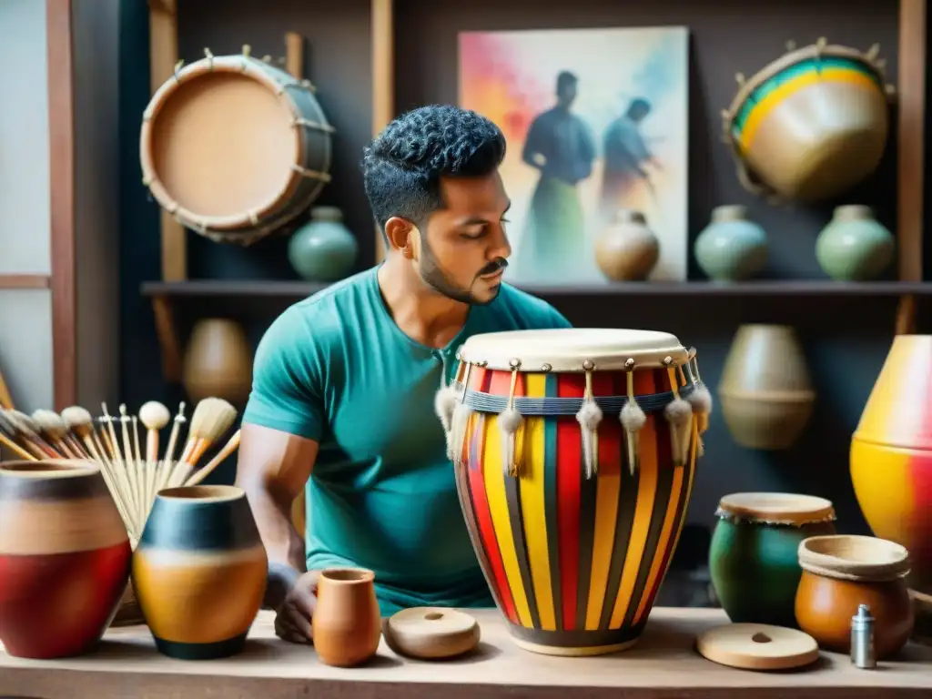 Artesano de tambores de Candombe: detalle y tradición Un artesano experto en un taller rodeado de instrumentos raros en el Candombe, tallando meticulosamente un tambor