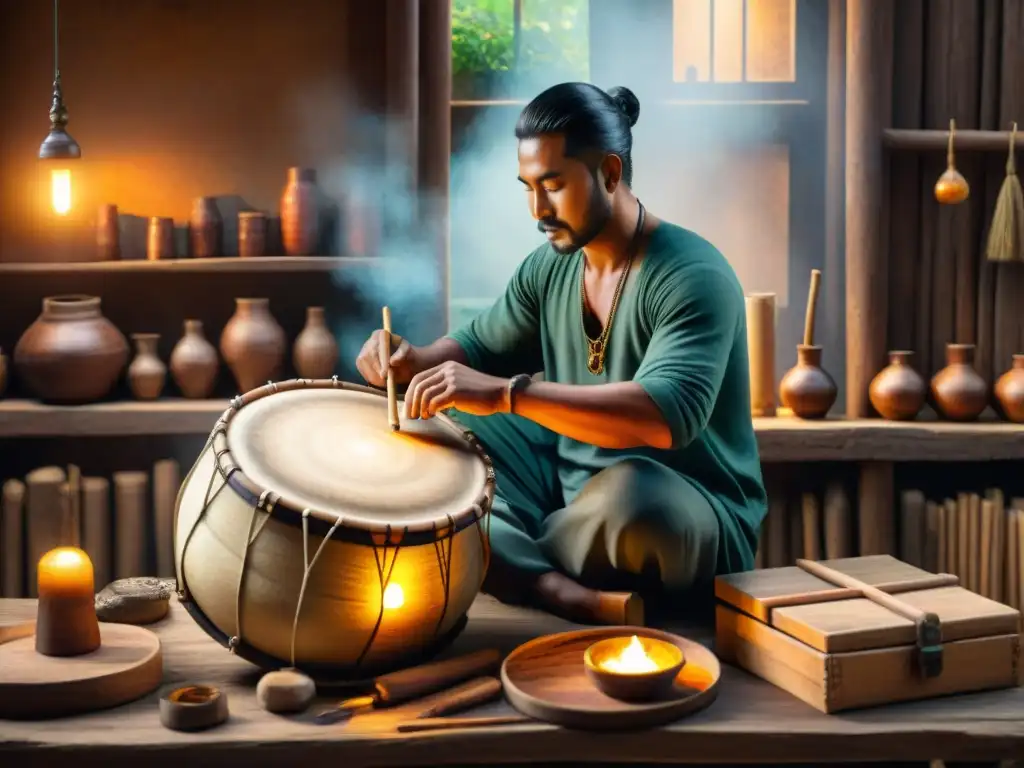Artesano ancestral: creación de un tambor tradicional Un artesano fabricando un tambor en un taller tradicional, iluminado por una lámpara