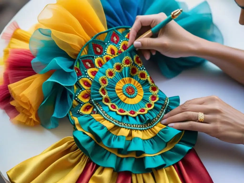 Creación artesanal de trajes de carnaval en Uruguay Un artesano uruguayo diseña trajes de carnaval, confeccionando capas de rulos y lentejuelas