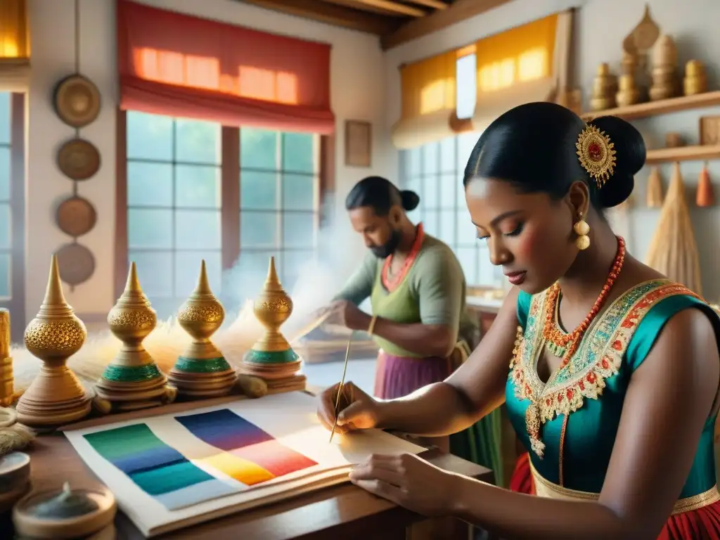 Artesanos creando trajes de carnaval con dedicación Artesanos del Carnaval Uruguayo crean coloridos trajes en un taller bullicioso