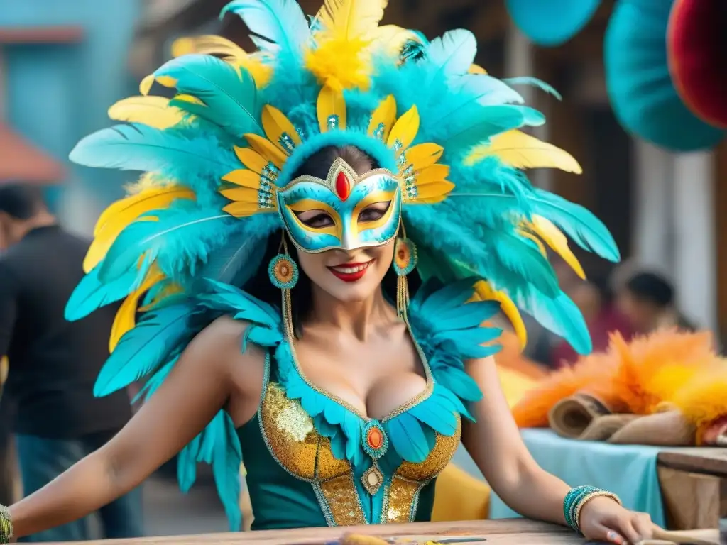 Artesanía colorida: Talleres del Carnaval Uruguayo Artesanos crean máscaras y trajes para el Carnaval uruguayo en un taller vibrante y lleno de creatividad