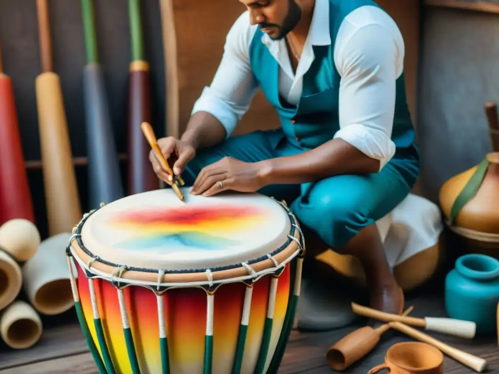 Artesanos creando un tambor de Candombe: arte y tradición Artesanos meticulosos crean un tambor de Candombe, inmersos en la tradición y el arte