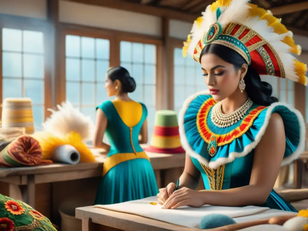 Artesanos de Carnaval: Tradición y Pasión en Uruguay Artesanos uruguayos crean trajes de carnaval en un taller soleado, conservando la tradición