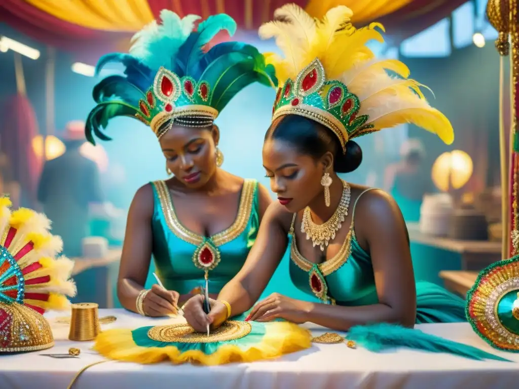 Artesanos creando trajes de carnaval en acuarela Artesanos uruguayos confeccionando trajes de Carnaval en taller vibrante y detallado