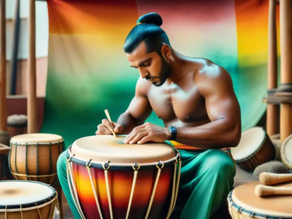 Artesanos creando tambor de Candombe: detallada ilustración acuarela Artesanos creando un vibrante tambor de Candombe: arte tradición en vivo