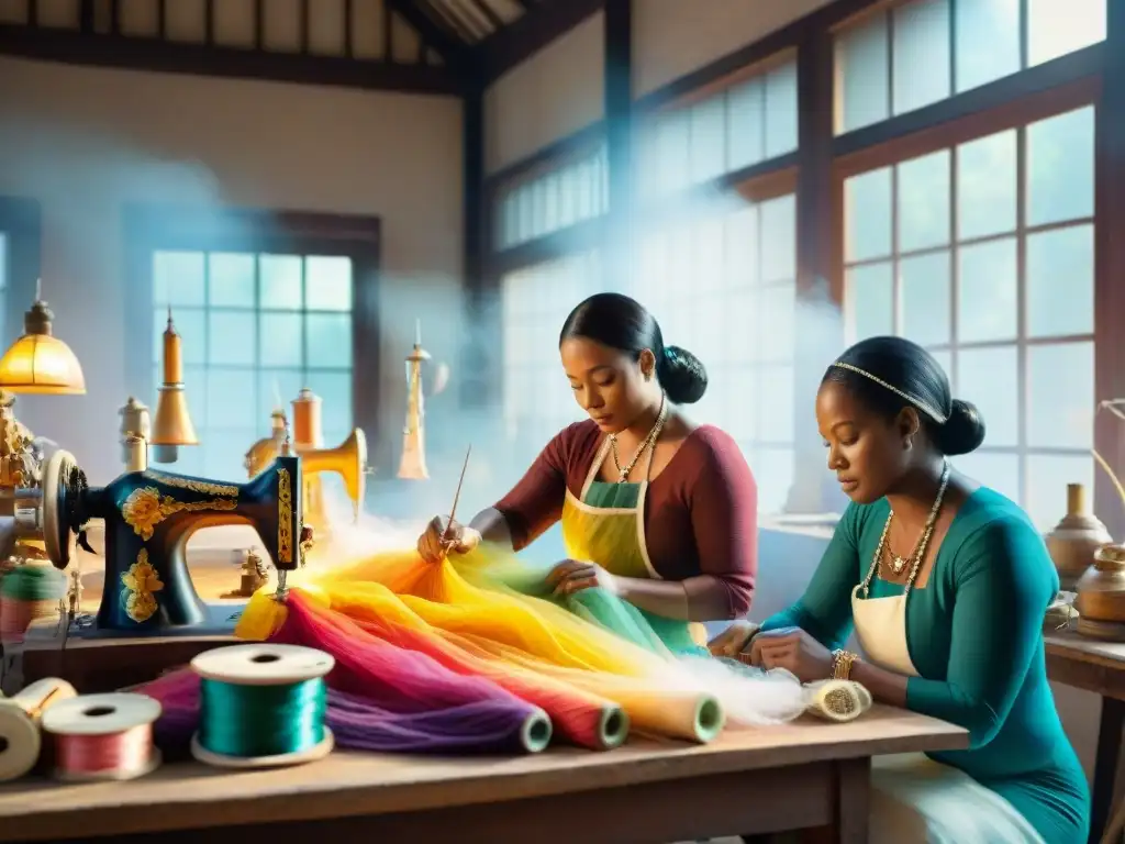 Artesanos restaurando trajes de Carnaval con detalle y color Artífices restaurando trajes de Carnaval en taller uruguayo, conservación de patrimonio