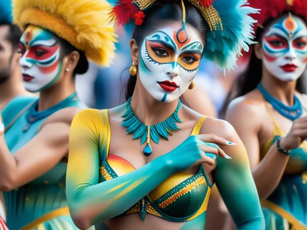 Body painting vibrante para el Carnaval Uruguayo Artistas de body painting Uruguay crean diseños vibrantes en bailarines para el Carnaval