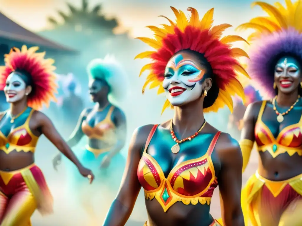 Brillo y color: artistas del carnaval con diseños de body paint Artistas del carnaval con diseños de pintura corporal, disfrutando al sol