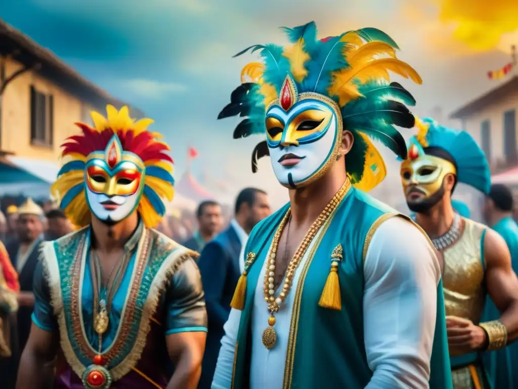 Artistas del Carnaval de Uruguay con impacto emocional en sus rostros y coloridos trajes, en vibrante acuarela