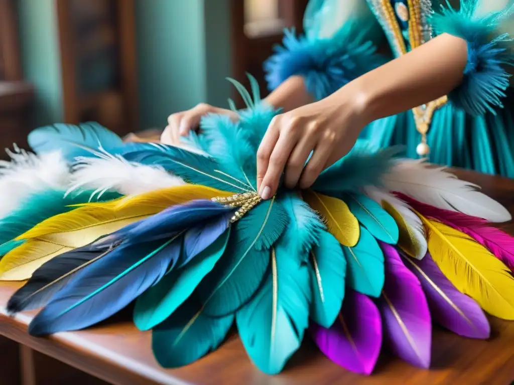 Restauración artesanal de trajes de carnaval: tradición y color Artistas restauran historias en trajes de carnaval vibrantes, con lentejuelas, plumas y bordados coloridos en una mesa de trabajo de madera