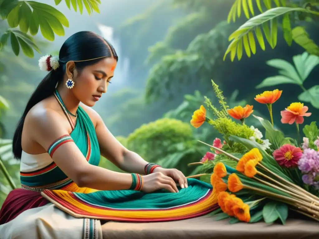 Artesanía ancestral: tejido indígena en la naturaleza Artistas indígenas tejiendo técnicas ancestrales en vestuario de carnaval, rodeados de naturaleza y flores coloridas